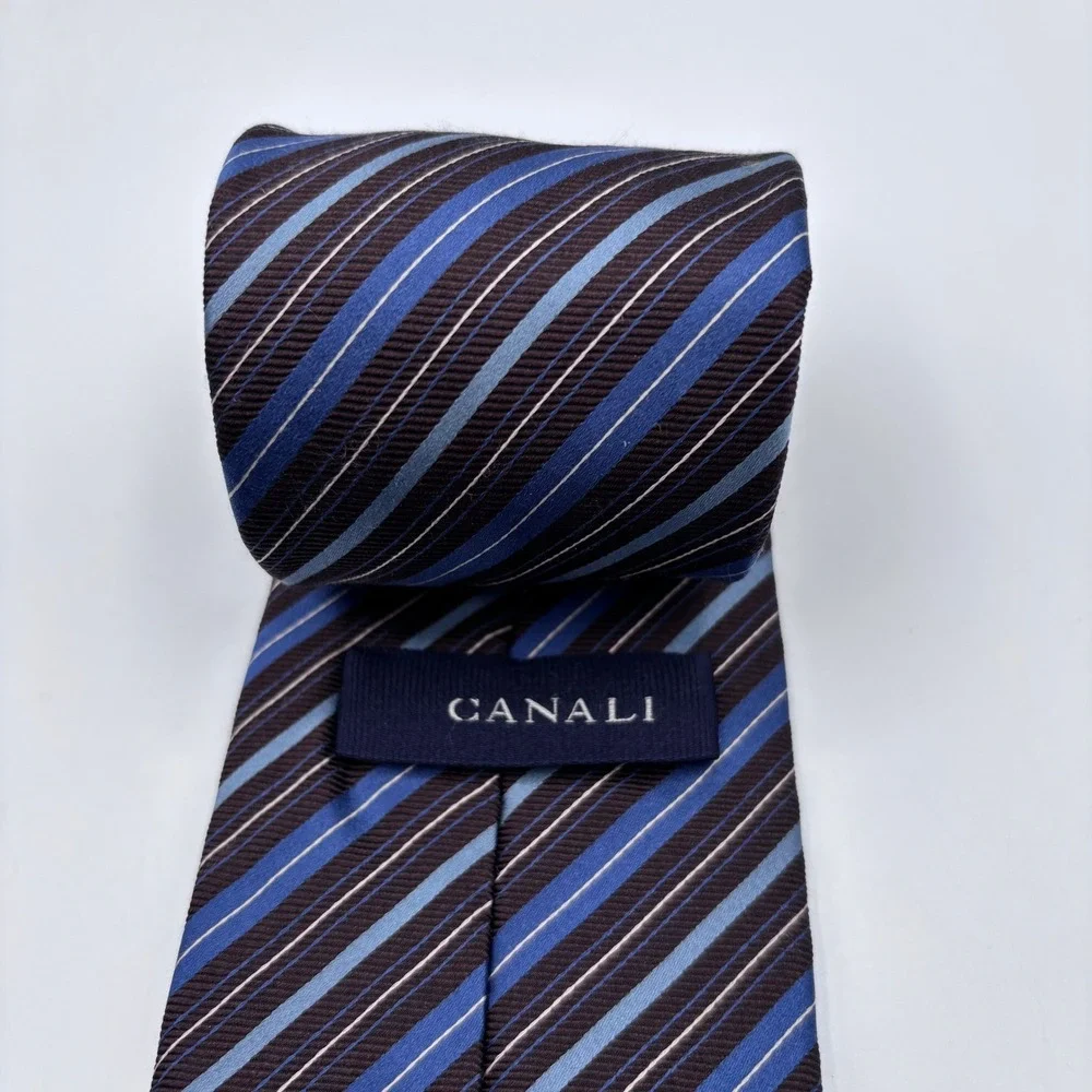 Canali Silk Tie Blue Brown Striped Faile Weave Italian Designer Business‎ Formal